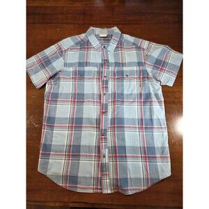 Columbia Shirt Mens Large Blue Plaid Short Sleeve Snap Button Outdoor Western